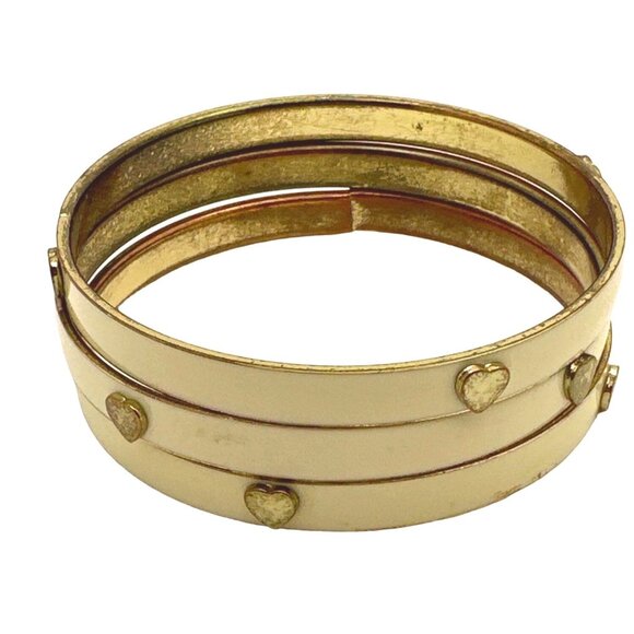 Vintage Classic Triple Enamel Bangle Bracelets Cream Gold Heart Accents Mod - Picture 3 of 4